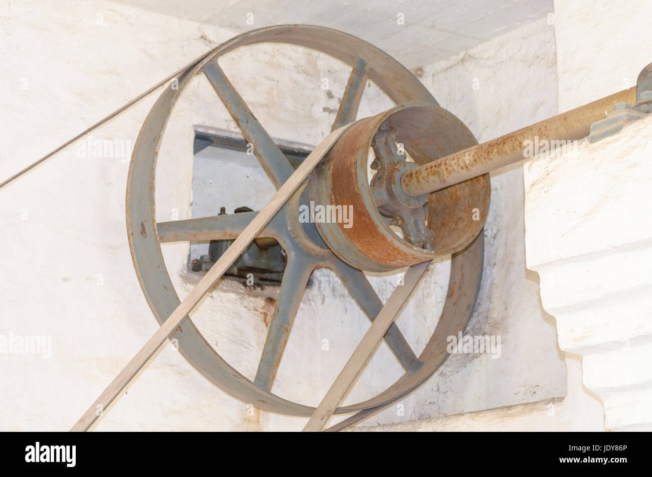 LWL-Freilichtmuseum Hagen.  Aufnahmen mit freundlicher Genehmigung der Abteilung für Öffentlichkeitsarbeit. Über die Transmission wurde die Kraftübertragung von der Dampfmaschine, Windmühle oder Wassermühle auf angeschlossene Maschinen übertragen. Stock Photo