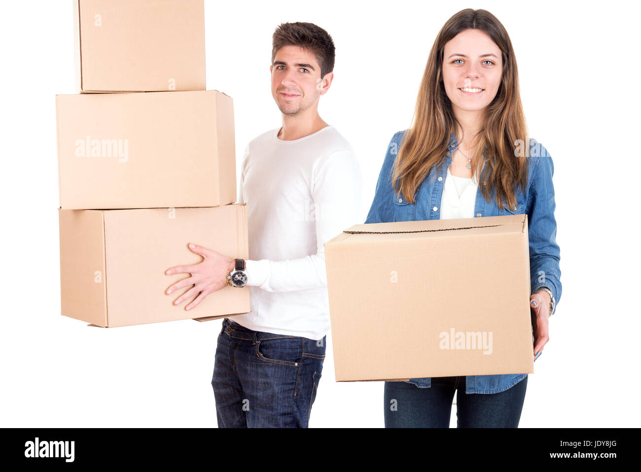Happy couple with boxes moving into new home apartment Stock Photo - Alamy