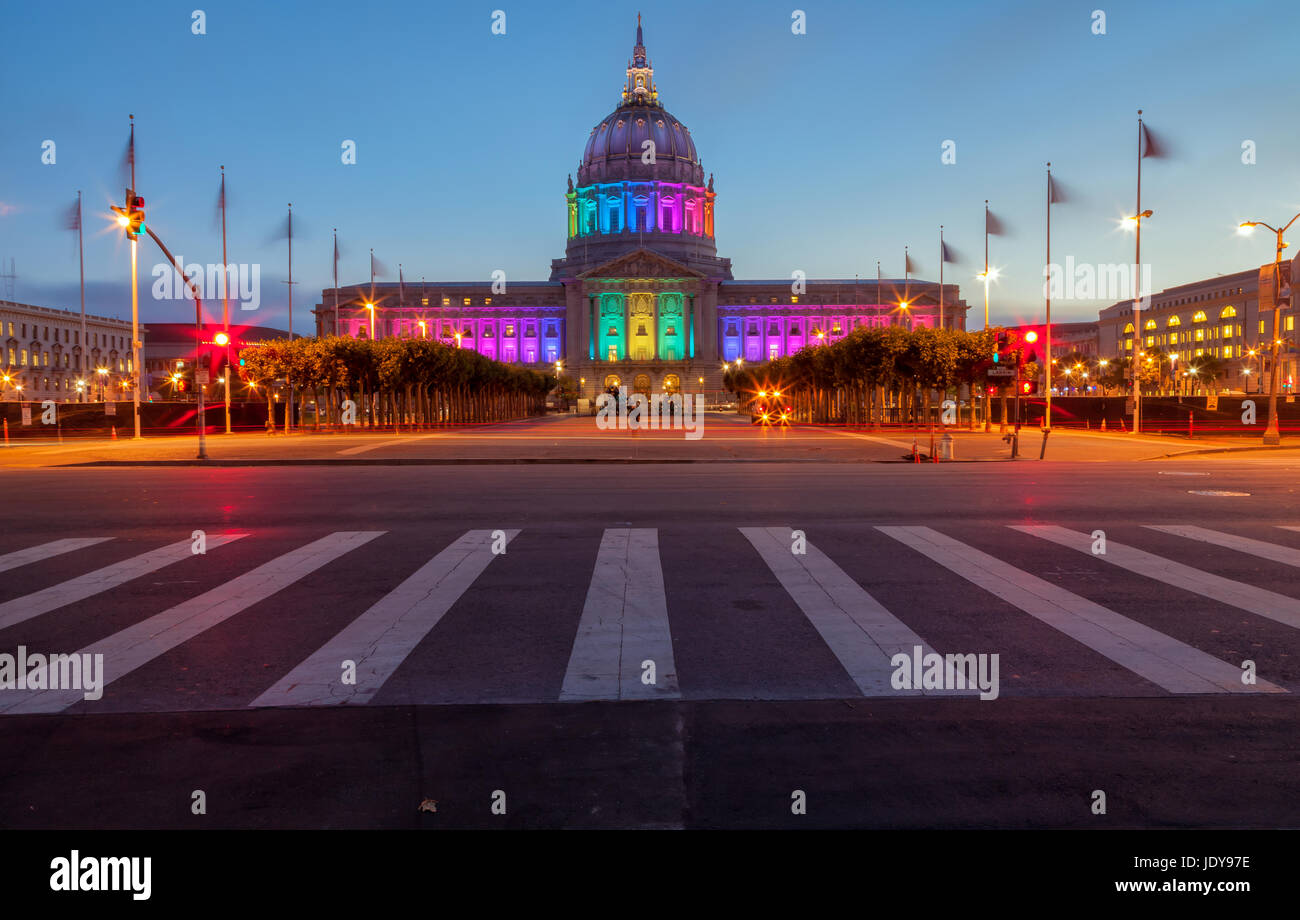 San Francisco City Hall lights up to celebrate the LGBTQ pride month in June, California, United States. Stock Photo