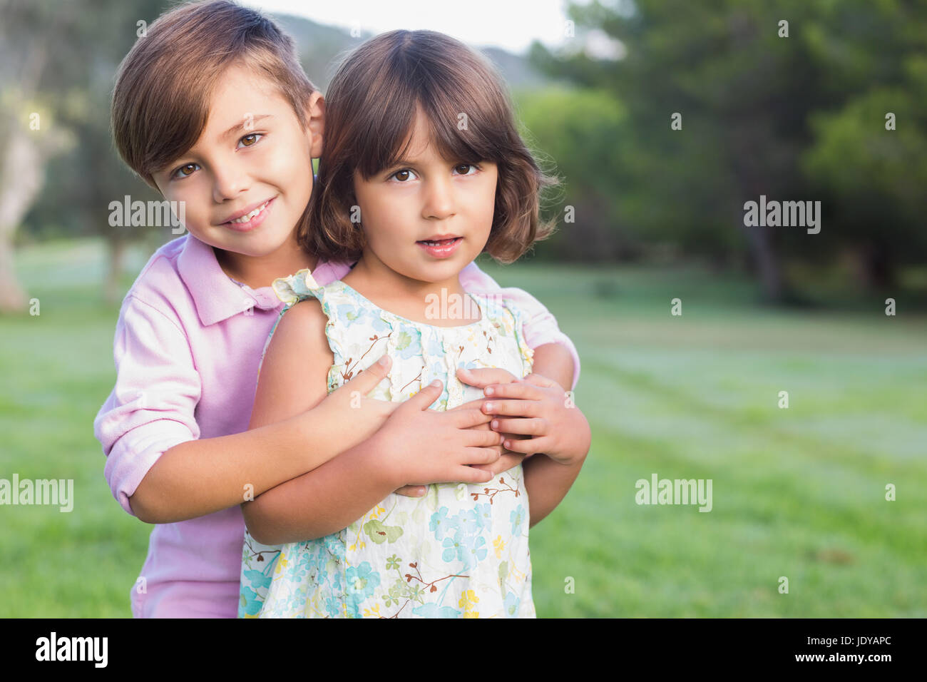Portrait of sister and brother hugging in the park hi-res stock ...