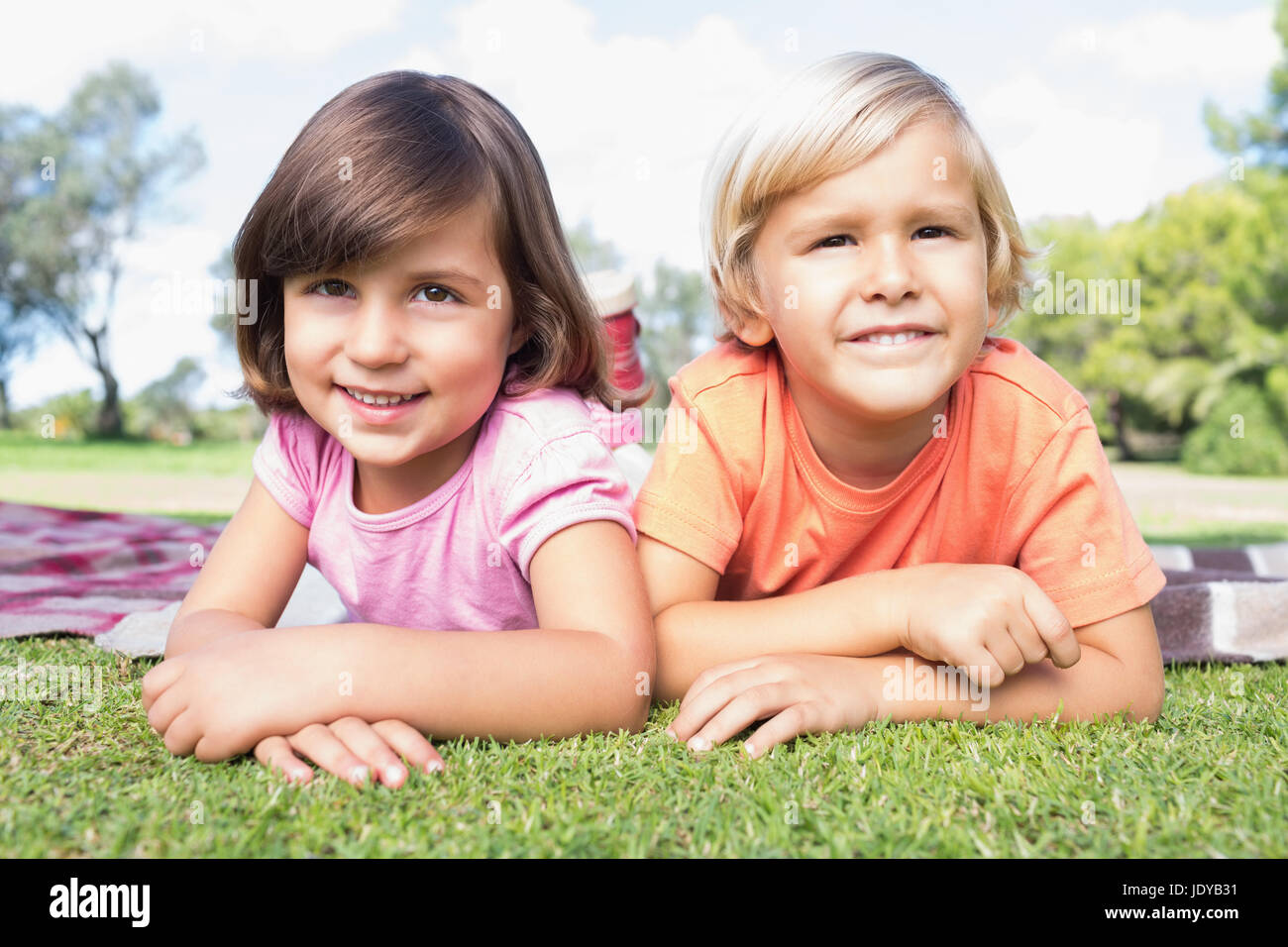 Portrait of cute brother and sister on picnic blanket in the park Stock ...