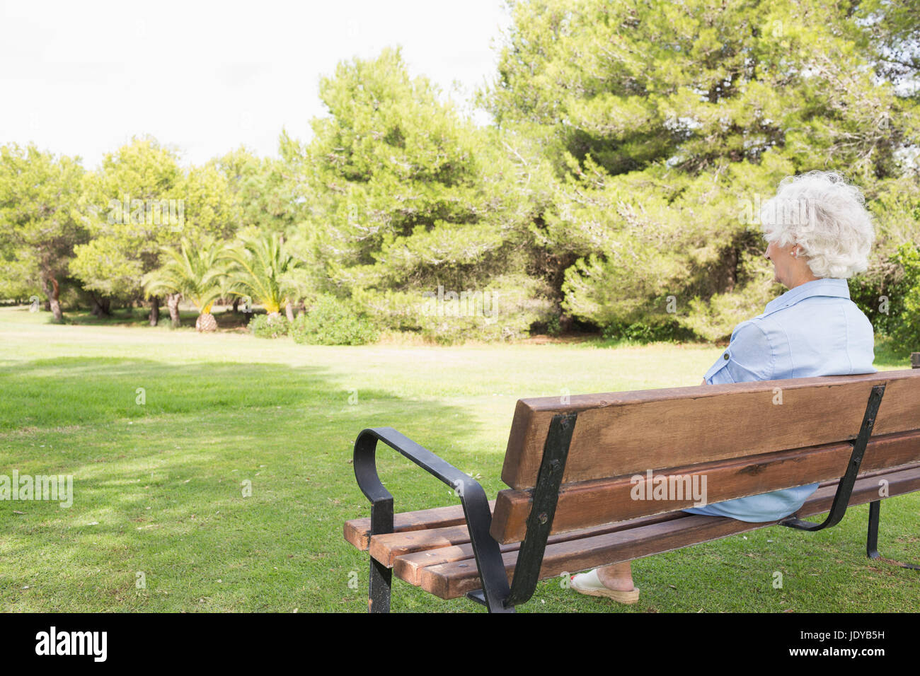 Elderly woman sitting on bench in the park on a sunny day Stock Photo ...