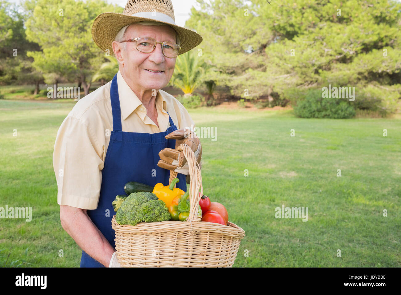 Portrait of elderly man carrying basket of homegrown vegetables in ...