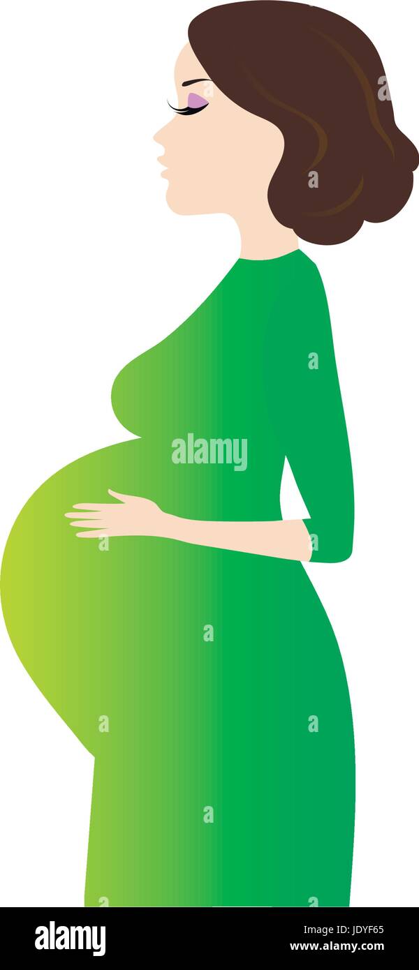 Pregnant woman in green dress isolated on white Stock Vector