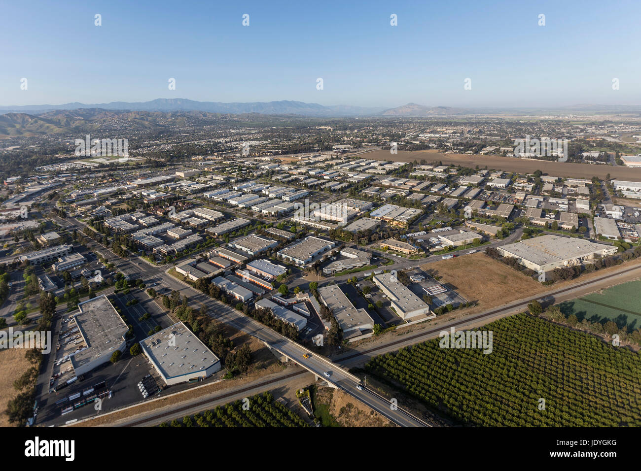 Aerial view of Camarillo industrial park and agricultural fields in Ventura County, California. Stock Photo