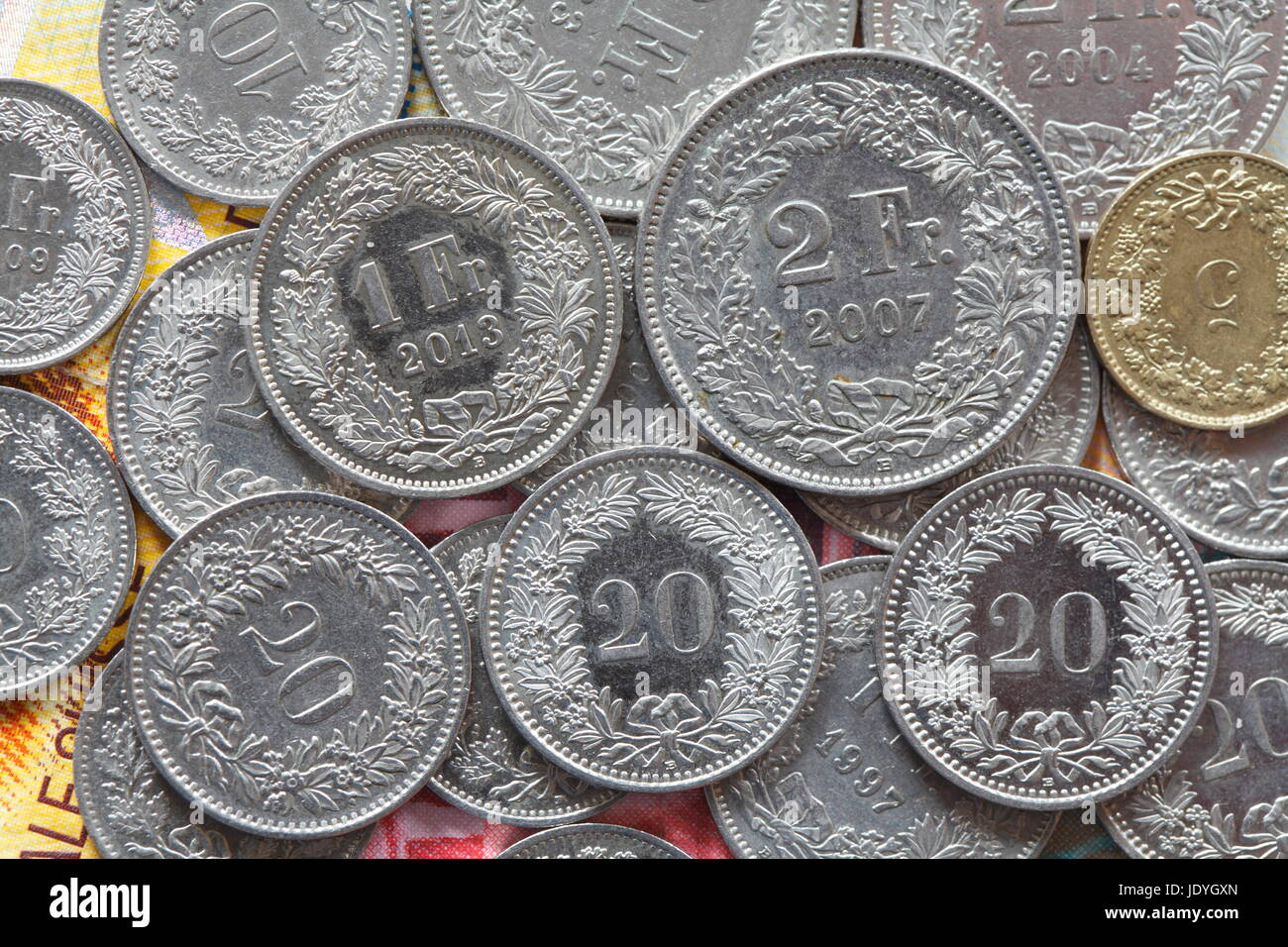 Swiss Francs and Rappen coins Stock Photo