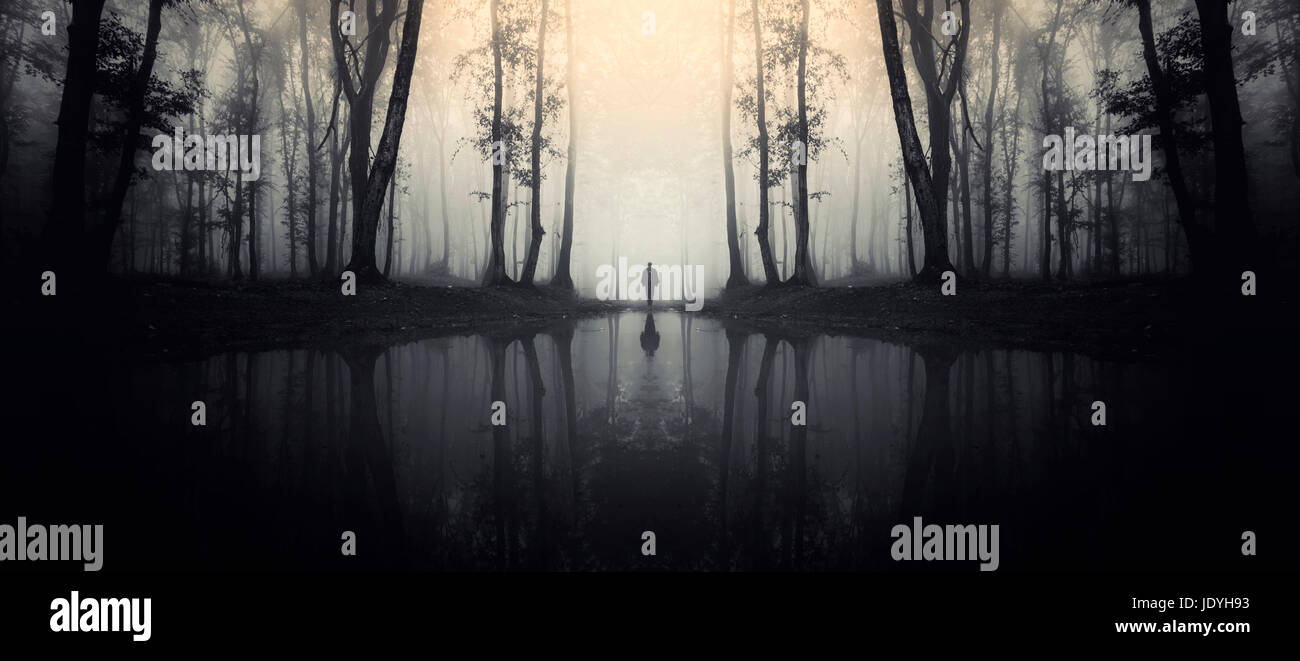 man walking on surreal forest road with trees reflection on lake surface Stock Photo