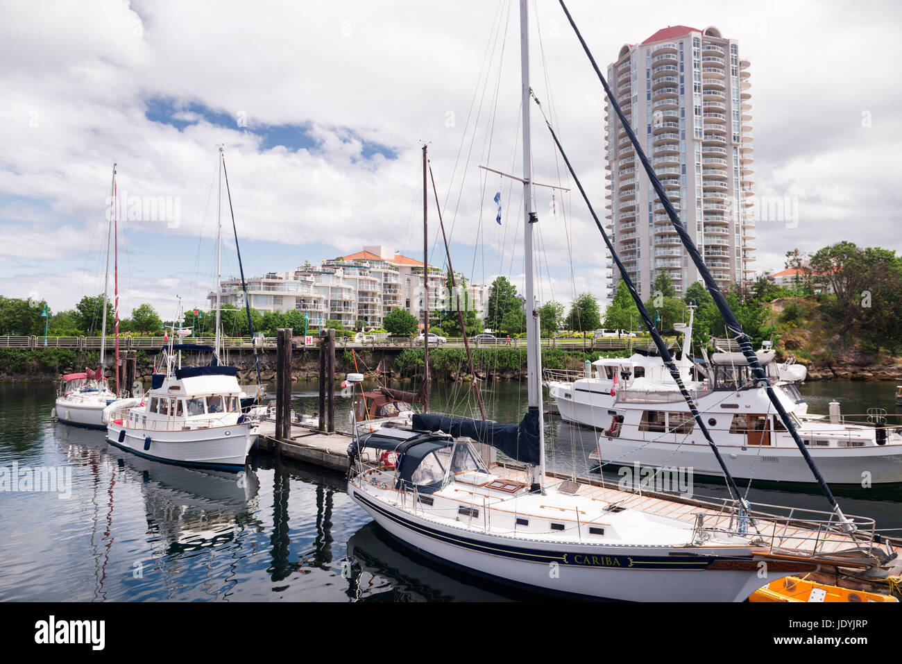 Yachts and motor boats docked at Nanaimo waterfront harbour Vancouver