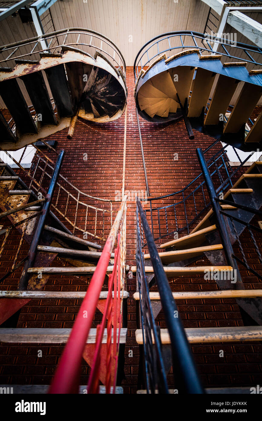 Editorial - July 24, 2014 in Trois-Riviere, Quebec, Canada. Symmetrical Staircases in the Poor Old Trois-Riviere Area where the poverty is always present, but where the houses are hystorical. Stock Photo