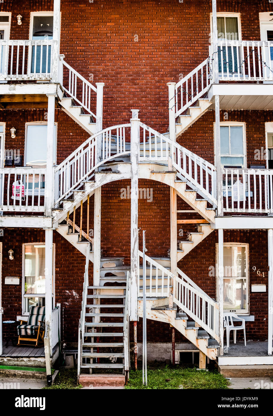 Editorial - July 24, 2014 in Trois-Riviere, Quebec, Canada. Symmetrical Staircases in the Poor Old Trois-Riviere Area where the poverty is always present, but where the houses are hystorical. Stock Photo