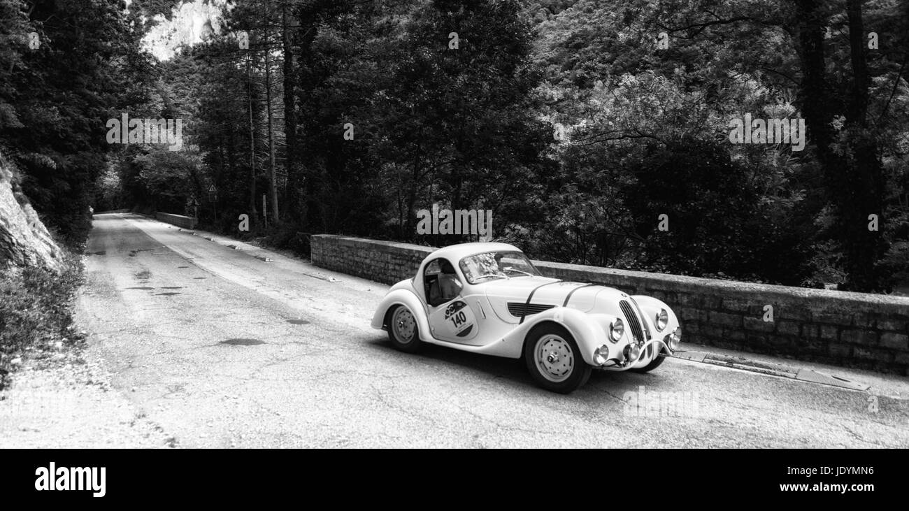 BMW 328 COUPÉ 1937 on an old racing car in rally Mille Miglia 2017 the ...