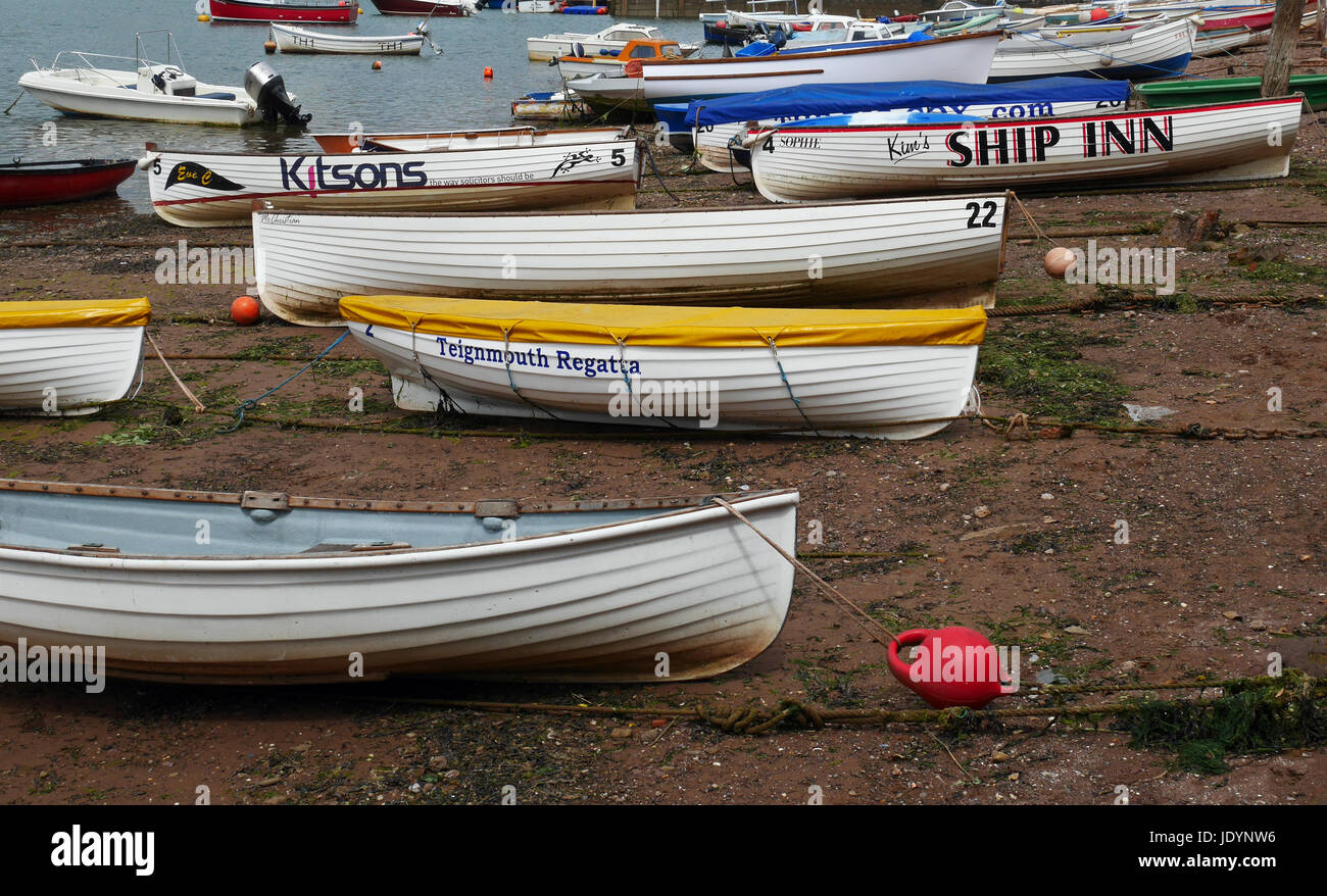 Rowing Boats Beached on The Back Beach, Teignmouth, South Devon, England, UK Stock Photo