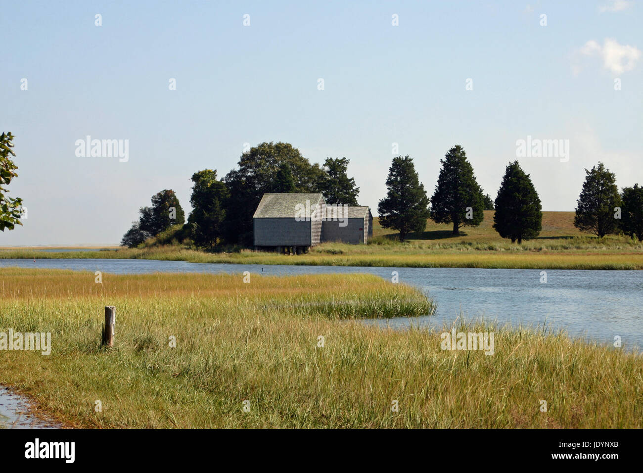 A weathered, gray-shingled shack on Salt Pond at the Cape Cod National Seashore, Eastham, Massachusetts, viewed from a nature trail Stock Photo