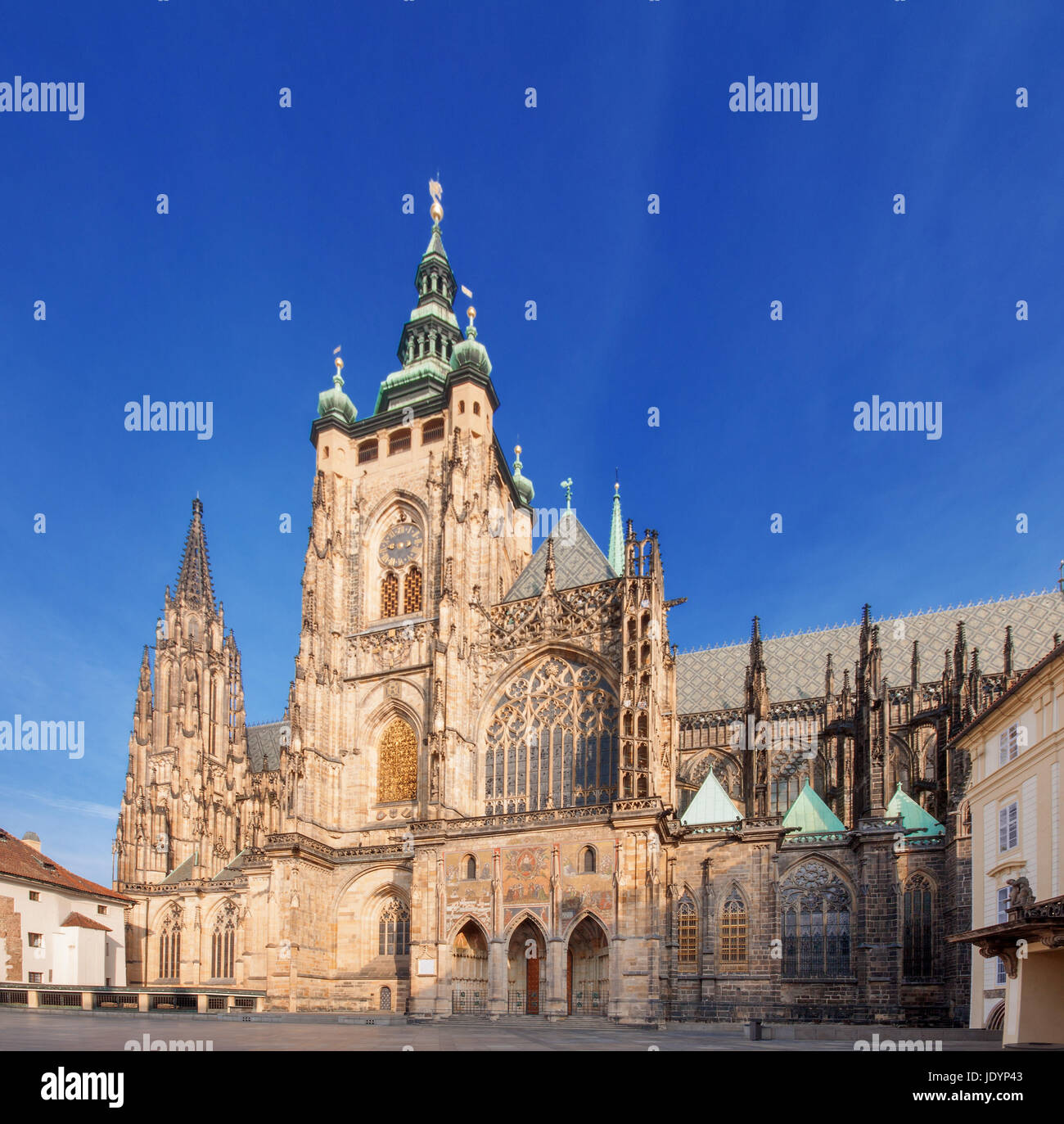 Saint Vitus Cathedral. The biggest and the most important church in Czech republic. The construction is the beautifull example of Gothic architecture. Stock Photo