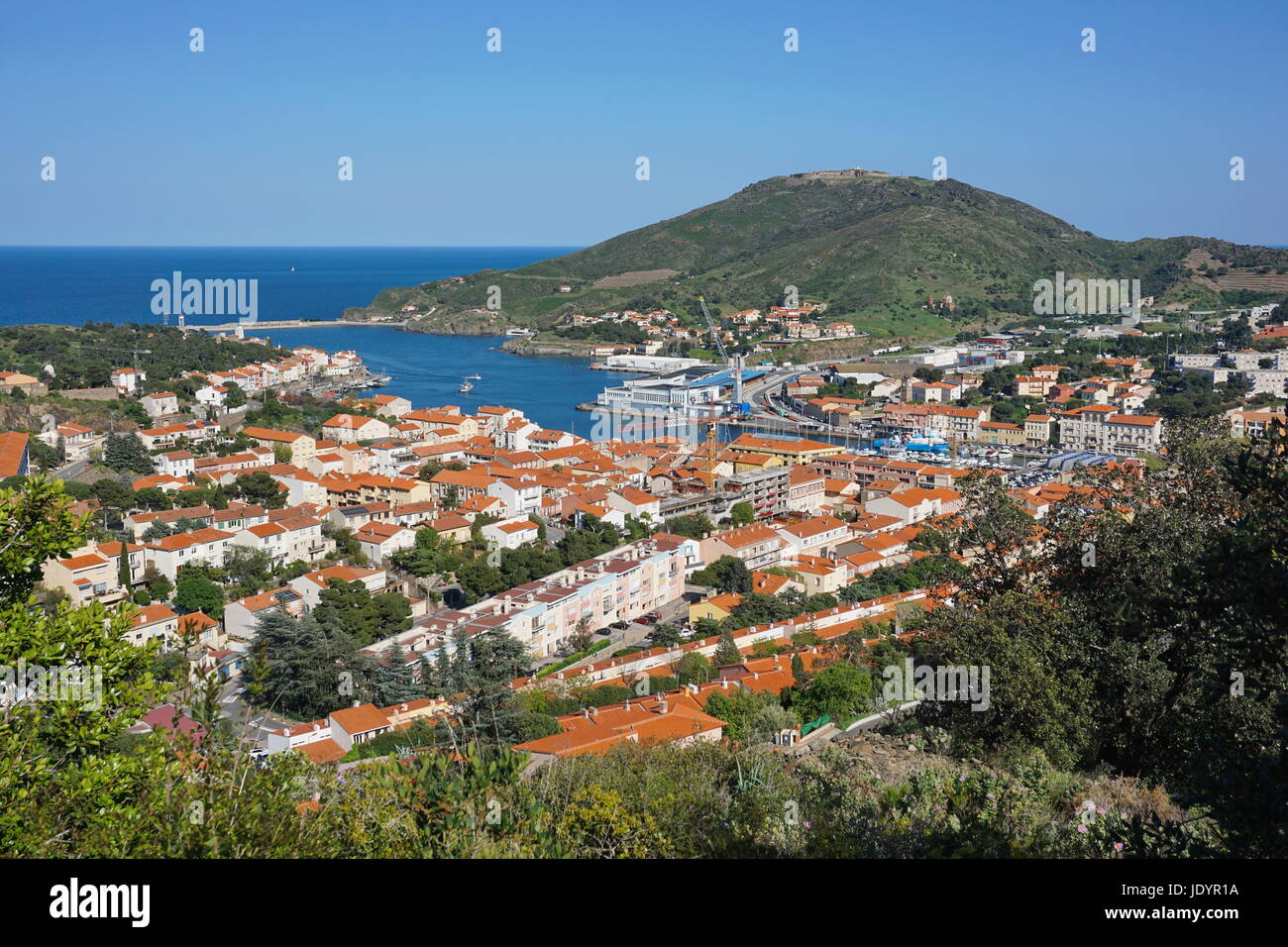 The coastal town of Port Vendres with its harbor and the fort Bear in background, Mediterranean sea, Roussillon, Pyrenees Orientales,south of France Stock Photo