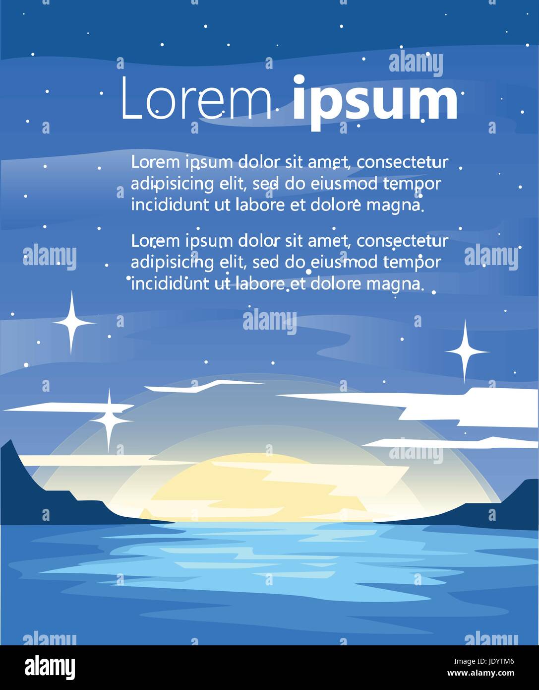 Night mountains vector background Vector mountains, lake and forest landscape in the night. Beautiful geometric illustration The space for the text fo Stock Vector