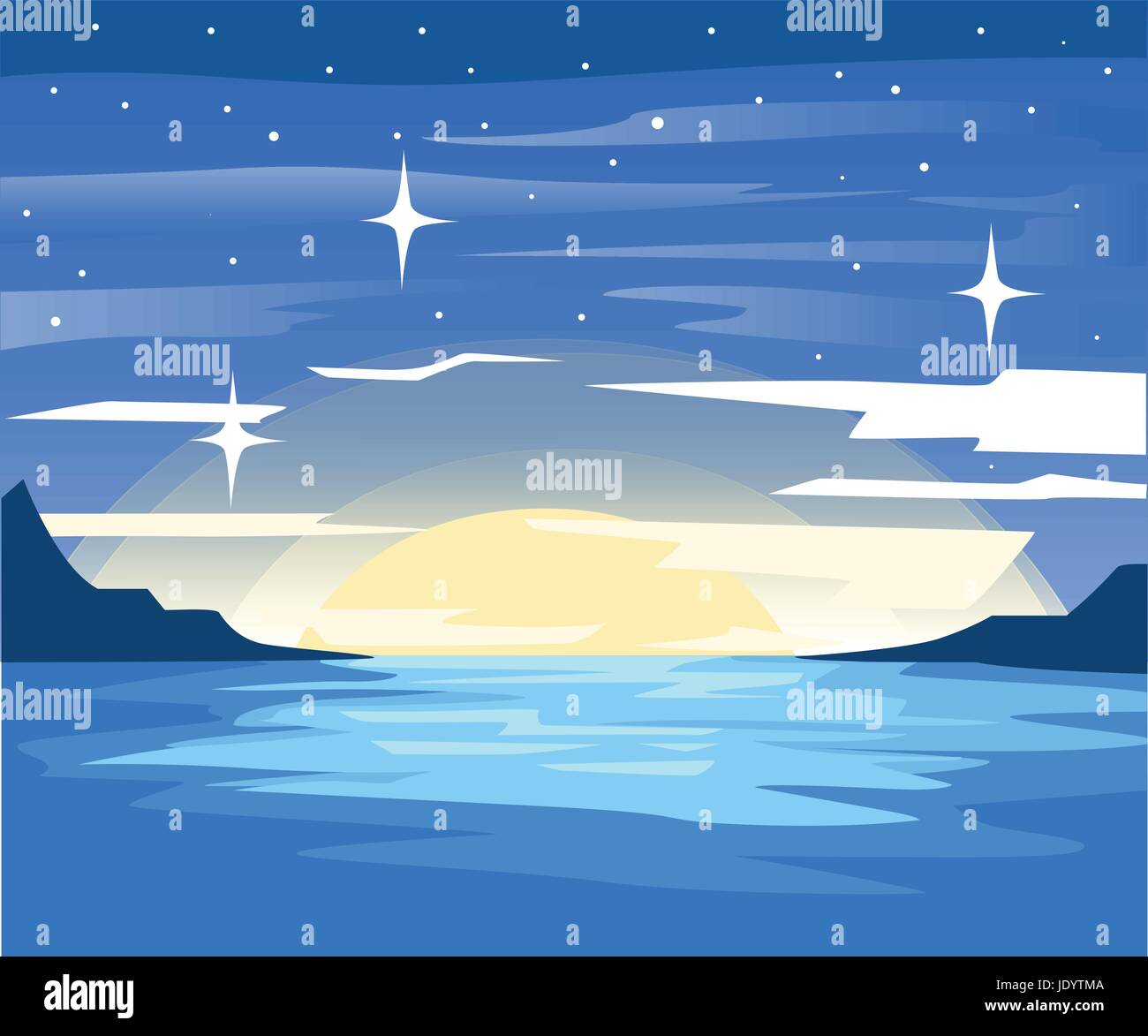 Night mountains vector background Vector mountains, lake and forest landscape in the night. Beautiful geometric illustration Stock Vector