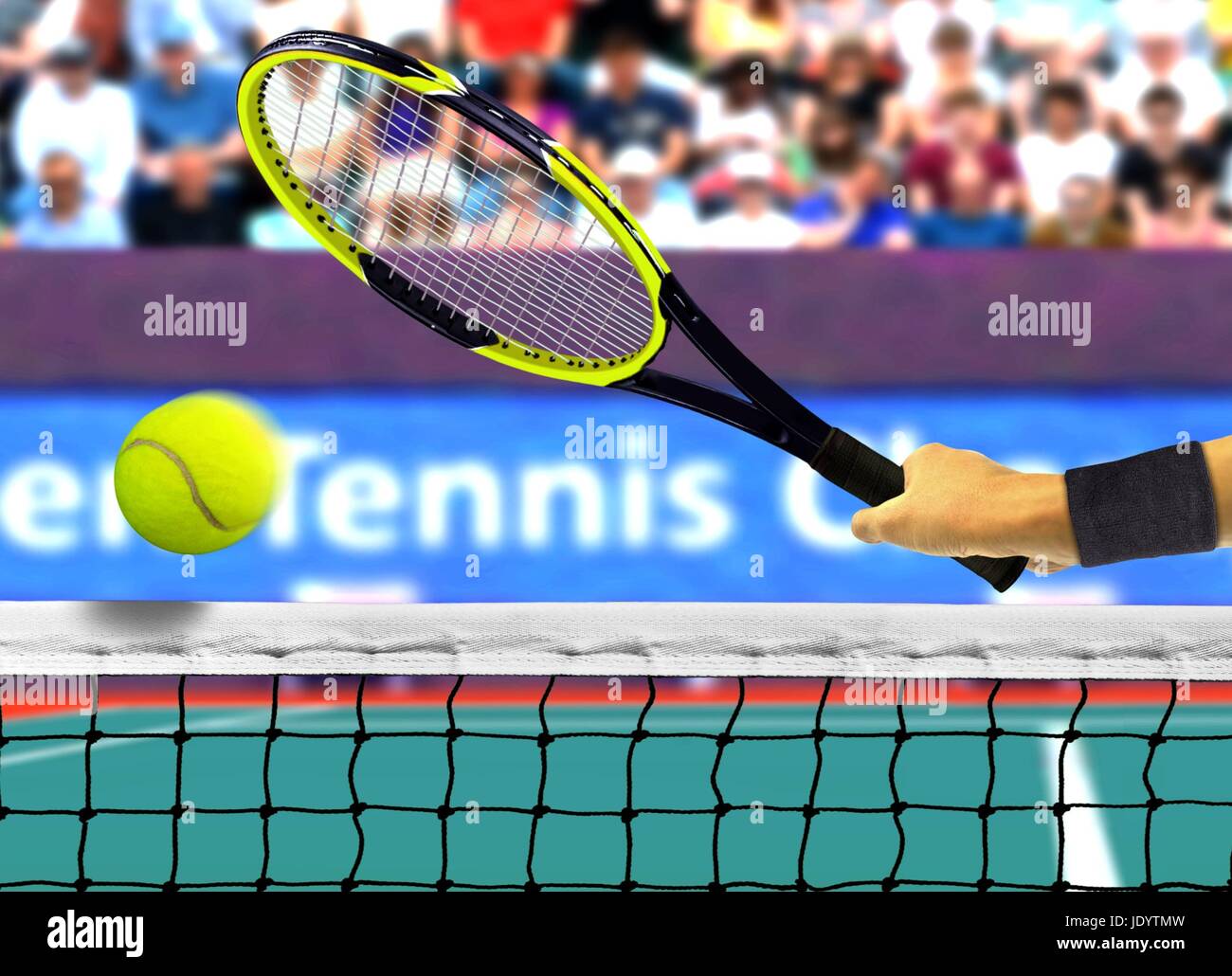 Hitting Tennis Ball in Front of the Net Stock Photo Alamy