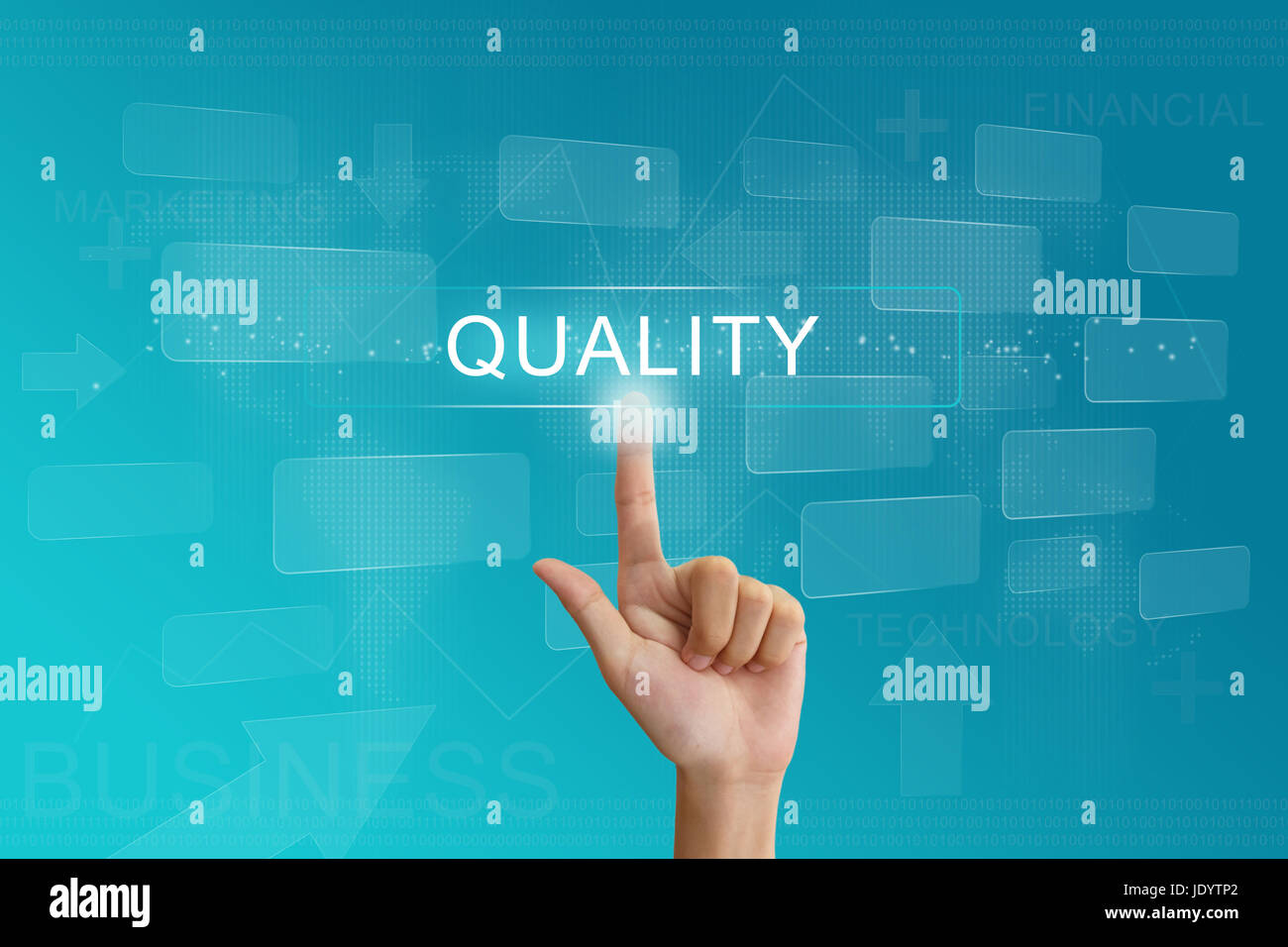 hand press on quality button on virtual screen Stock Photo Alamy