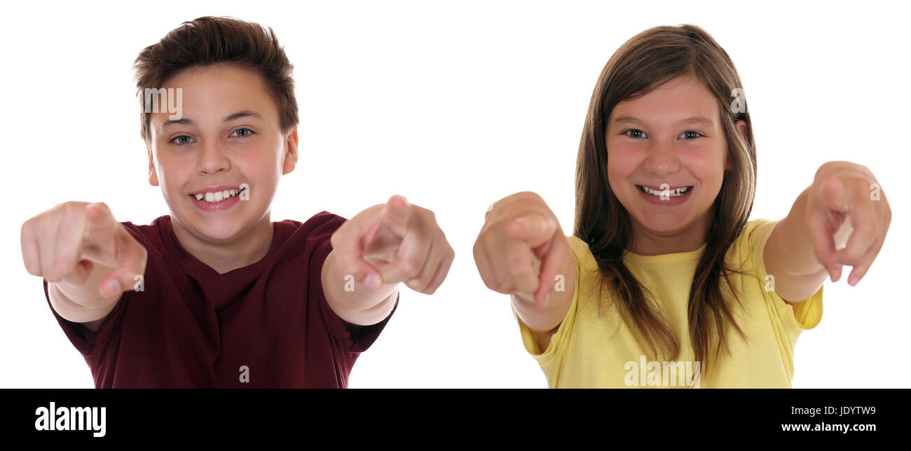 Ich will dich Kinder zeigen mit dem Finger zu dir, isoliert vor einem weissen Hintergrund Stock Photo