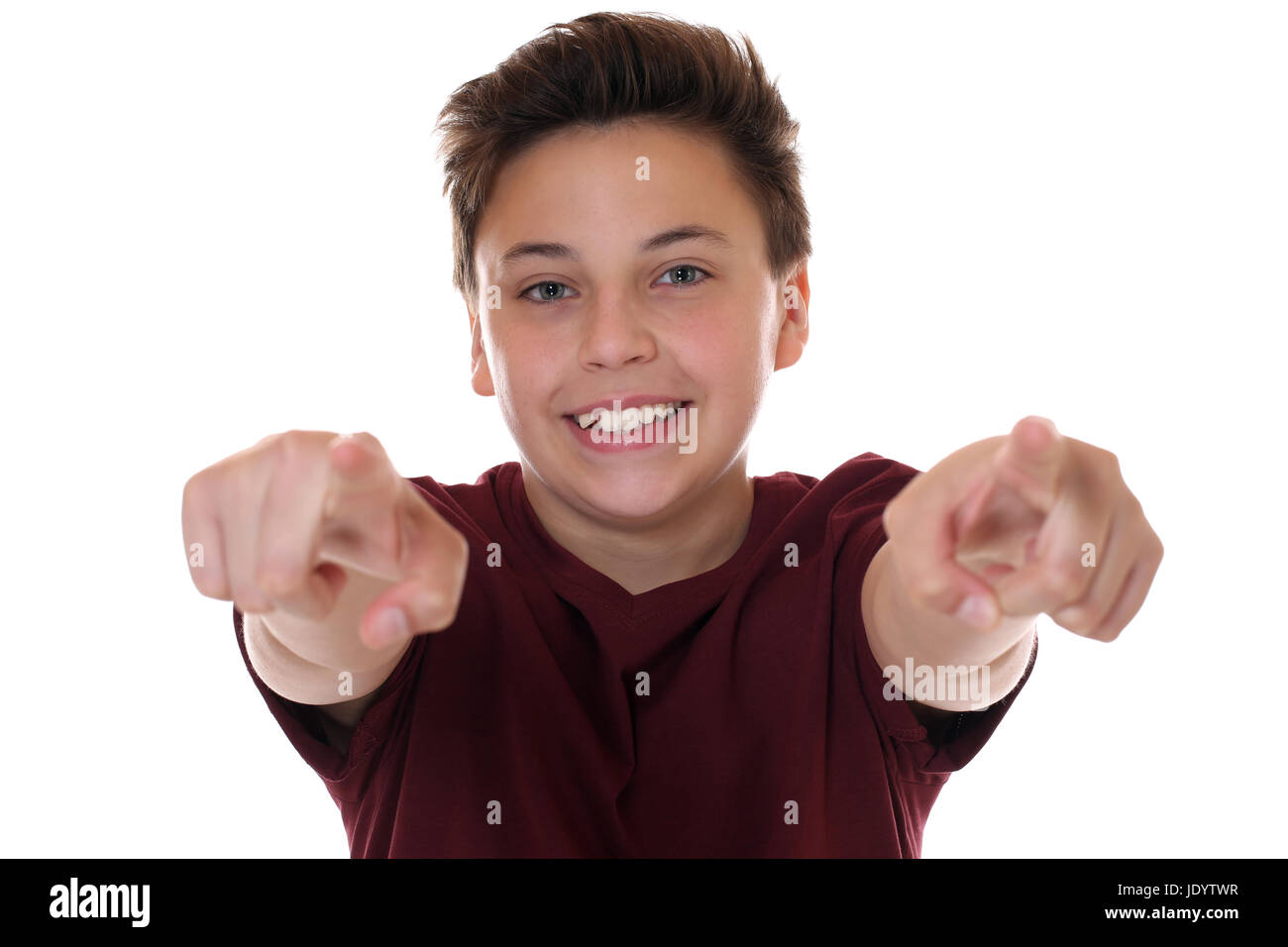 Ich will dich Teenager Junge zeigt mit dem Finger, isoliert vor einem weissen Hintergrund Stock Photo