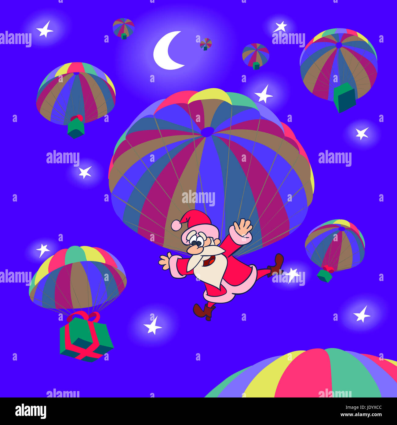 Parachute landing of Santa Clause with a Christmas gifts Stock Photo