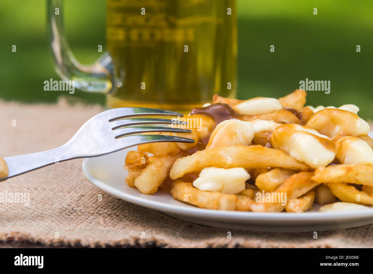 Classic Quebec poutine with french fries, gravy, and cheese curds Stock