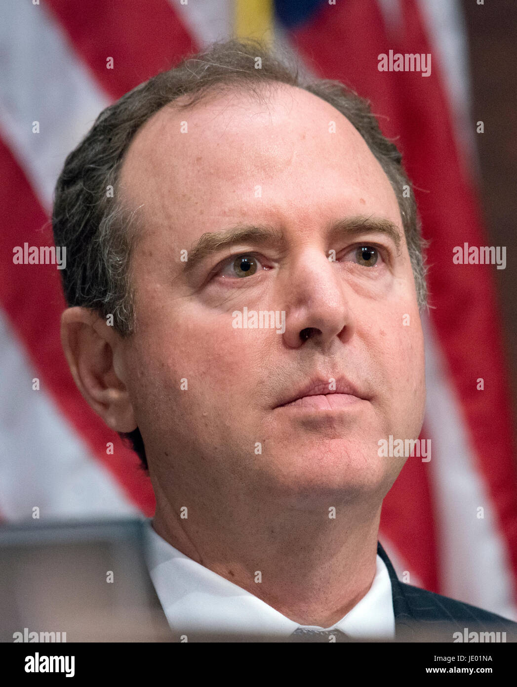 United States Representative Adam Schiff (Democrat of California), Ranking Member, US House Permanent Select Committee on Intelligence Russia Investigative Task Force, listens as former US Secretary of Homeland Security Jeh Johnson testifies before the committee on Capitol Hill in Washington, DC on Wednesday, June 21, 2017. Credit: Ron Sachs/CNP /MediaPunch Stock Photo