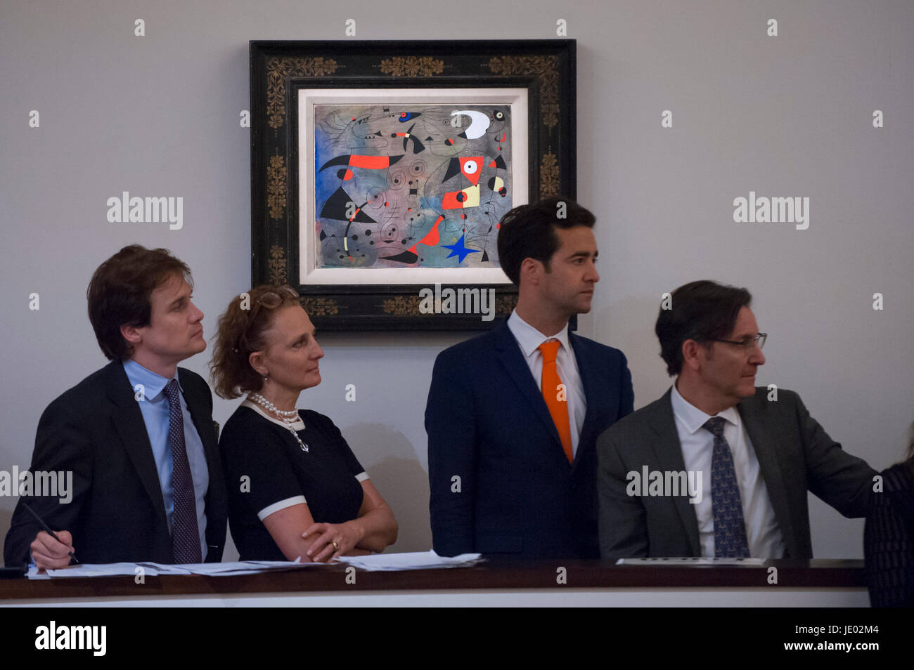 London, UK.  21 June 2017.  'Femme et oiseaux', 1940, by Joan Miró sold for a hammer price of GBP21.7m (estimate > USD30m) at Sotheby's Impressionist and Modern Art evening sale in New Bond Street. Credit: Stephen Chung / Alamy Live News Stock Photo