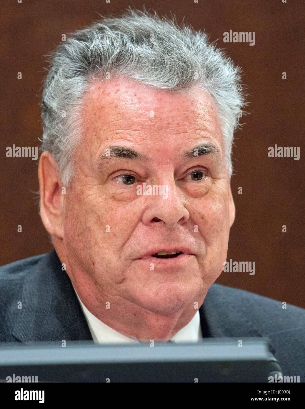 United States Representative Peter King (Republican of New York) listens as former US Secretary of Homeland Security Jeh Johnson testifies before the US House Permanent Select Committee on Intelligence Russia Investigative Task Force Hearing on Capitol Hill in Washington, DC on Wednesday, June 21, 2017. Photo Credit: Ron Sachs/CNP/AdMedia Stock Photo