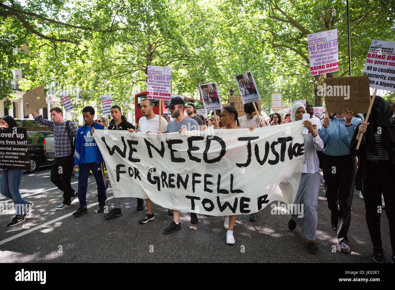 London, UK. 21st June, 2017. Activists from Movement For Justice By Any Means Necessary hold a 'Day of Rage' march from Shepherds Bush Green to Parliament Square to demand justice for those affected by the fire in the Grenfell Tower and to call for a change of government on the day of the Queen's Speech in Parliament. Credit: Mark Kerrison/Alamy Live News Stock Photo