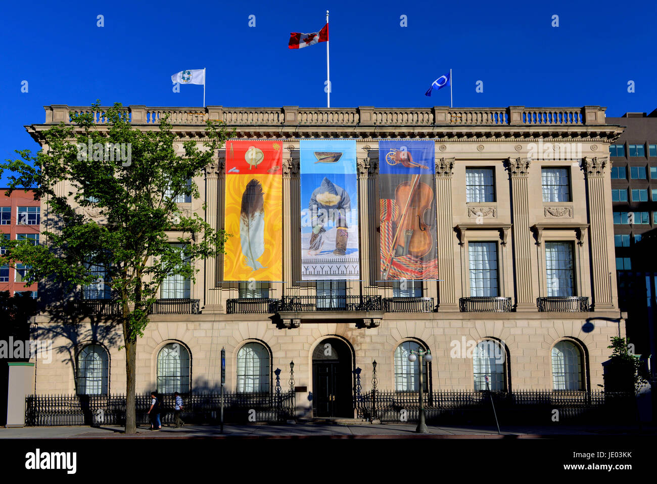 Ottawa, Canada - June 21, 2017:  Three native themed banners are added to the former US embassy, across from Parliament Hill, during a ceremony on National Indigenous Peoples Day, formerly known as National Aboriginal Day.  It was recently announced the building will be converted to a centre dedicated to Indigenous people. Credit: Paul McKinnon/Alamy Live News Stock Photo