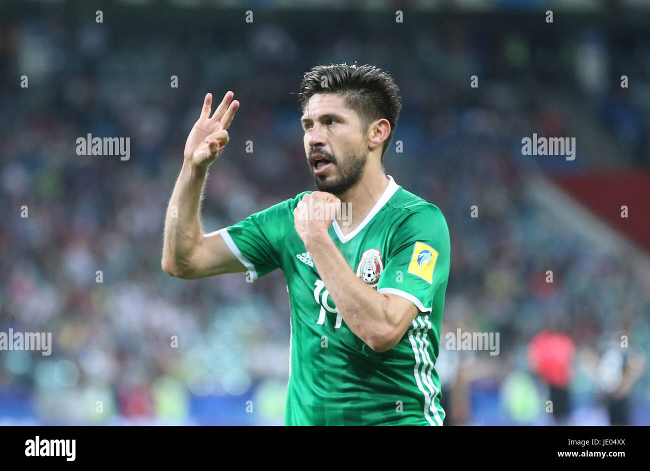 Sochi, Russia. 21st June, 2017. Oribe Peralta of Mexico celebrates scoring during the group A match between Mexico and New Zealand of the 2017 FIFA Confederations Cup in Sochi, Russia, on June 21, 2017. Mexico won 2-1. Credit: Xu Zijian/Xinhua/Alamy Live News Stock Photo