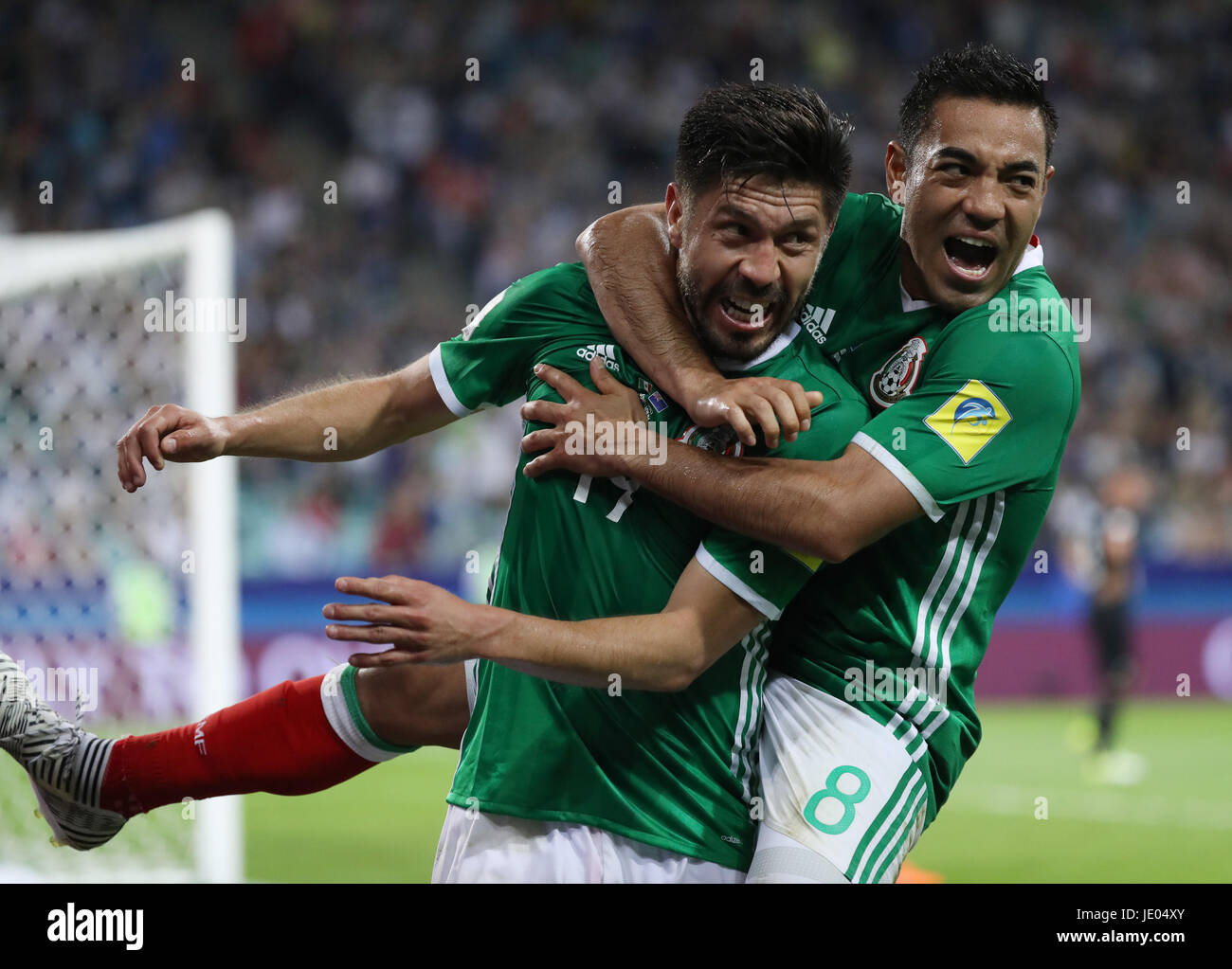 Sochi, Russia. 21st June, 2017. Oribe Peralta (L) of Mexico celebrates scoring with his teammate Marco Fabian during the group A match between Mexico and New Zealand of the 2017 FIFA Confederations Cup in Sochi, Russia, on June 21, 2017. Mexico won 2-1. Credit: Xu Zijian/Xinhua/Alamy Live News Stock Photo