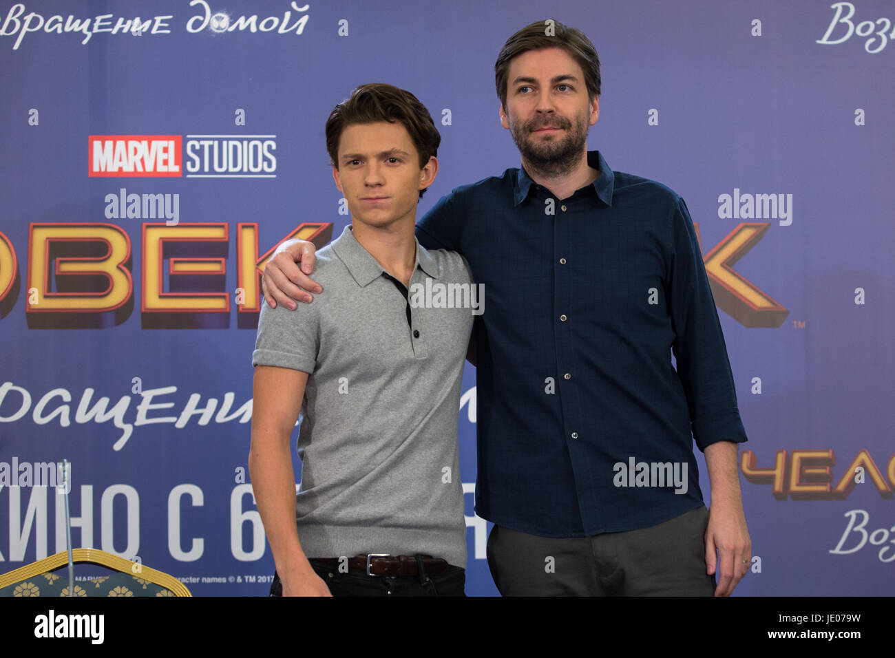 Moscow, Russia. 21th June, 2017. Actor Tom Holland(left) and director Jon Watts(right) at a news conference with the crew and cast of Jon Watts' film 'Spider-Man: Homecoming.'. Credit: Victor Vytolskiy/Alamy Live News Stock Photo