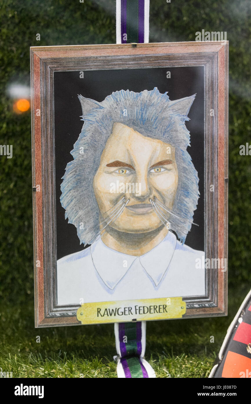 Wimbledon London,UK. 22nd June 2017. A pet shop in Wimbledon displays caricature drawings of tennis players as cats and dogs with pet names Credit: amer ghazzal/Alamy Live News Stock Photo