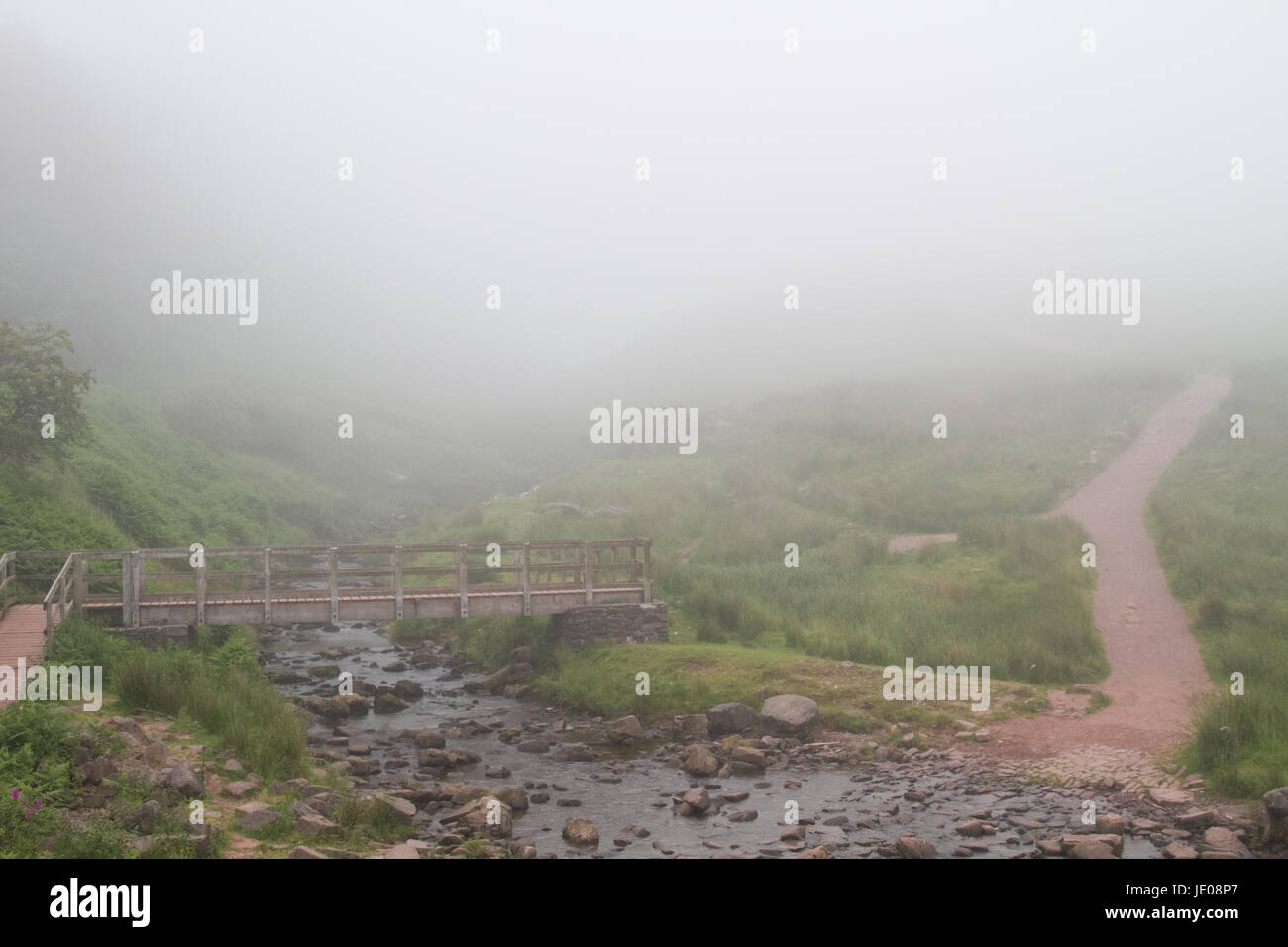 Pont-Yr Daf, Brecon Beacons, South Wales. 22 June 2017.  UK weather: The ascent to Pen-Y-Fan today covered in severe fog, as the warm weather comes to an end. Credit: Andrew Bartlett/Alamy Live News Stock Photo