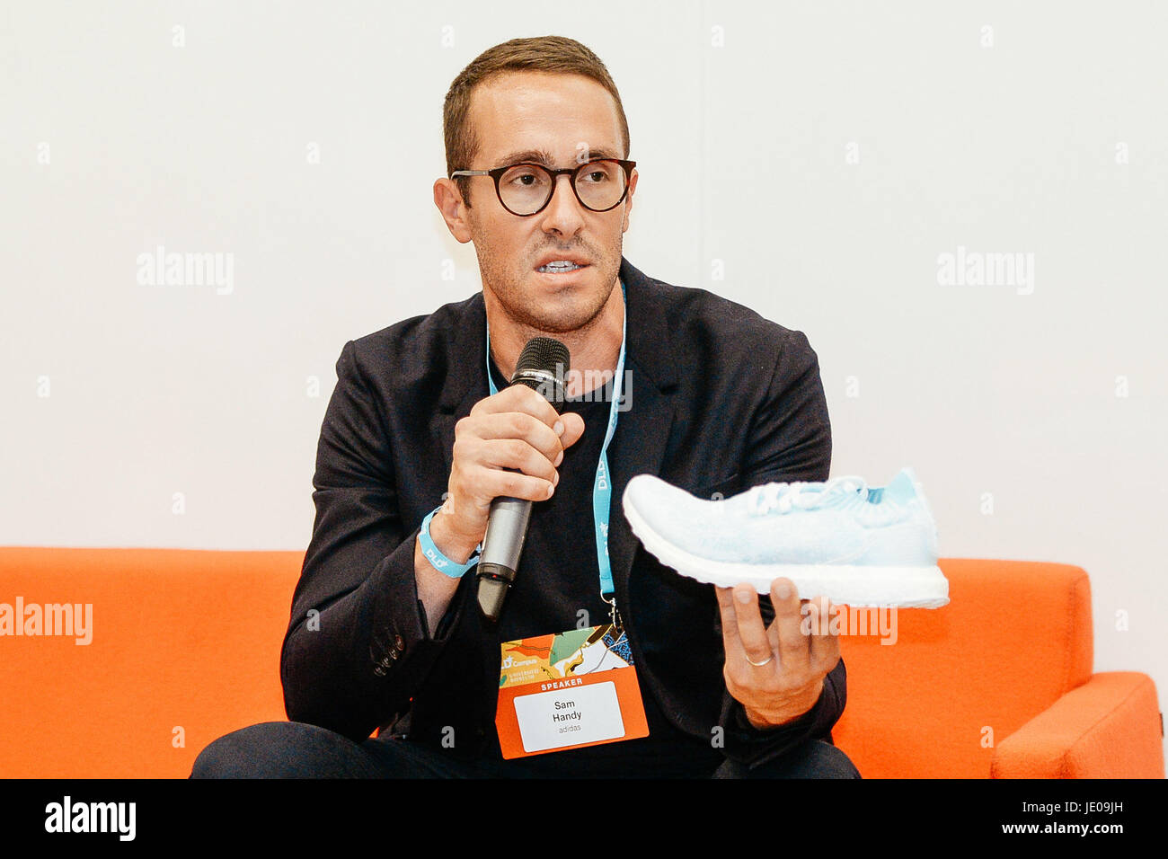 BAYREUTH/GERMANY - JUNE 21: Sam Handy (adidas) shows a new-developed  sportshoe, which is made with biofabrics (spidersilk) during the DLD Campus  event at the University of Bayreuth on June 21th, 2017 in