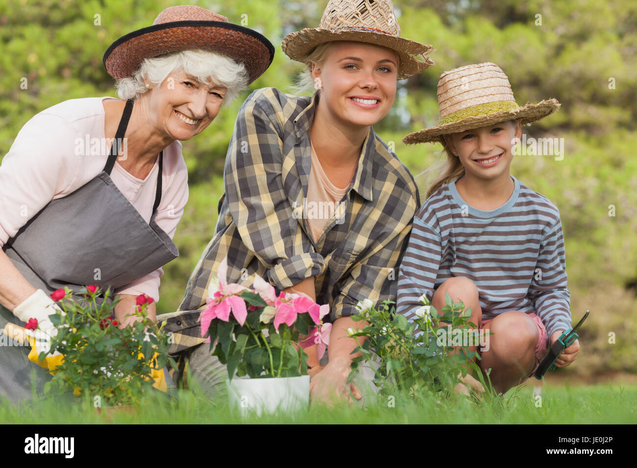 Three generations of women gardening portrait wearing straw hats and ...