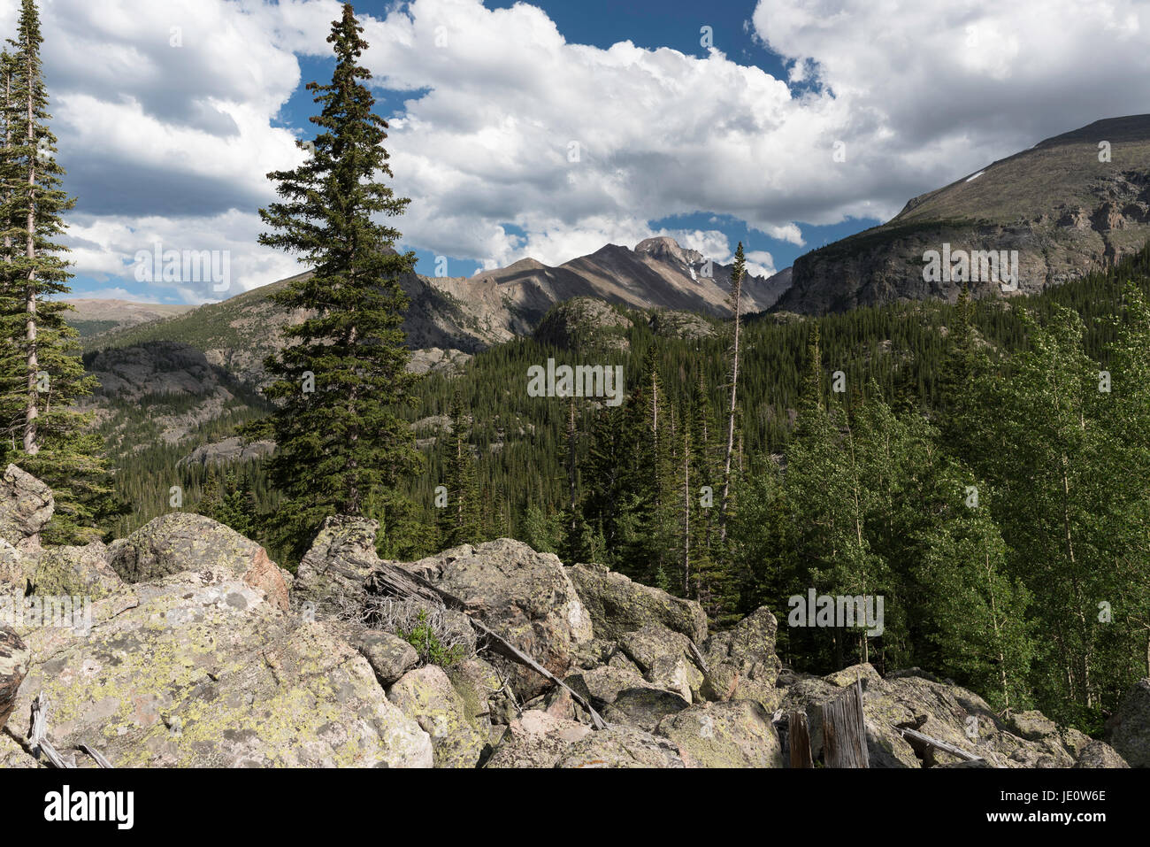 14,259 foot Longs Peak is the highest point in Rocky Mountain National Park in Colorado Stock