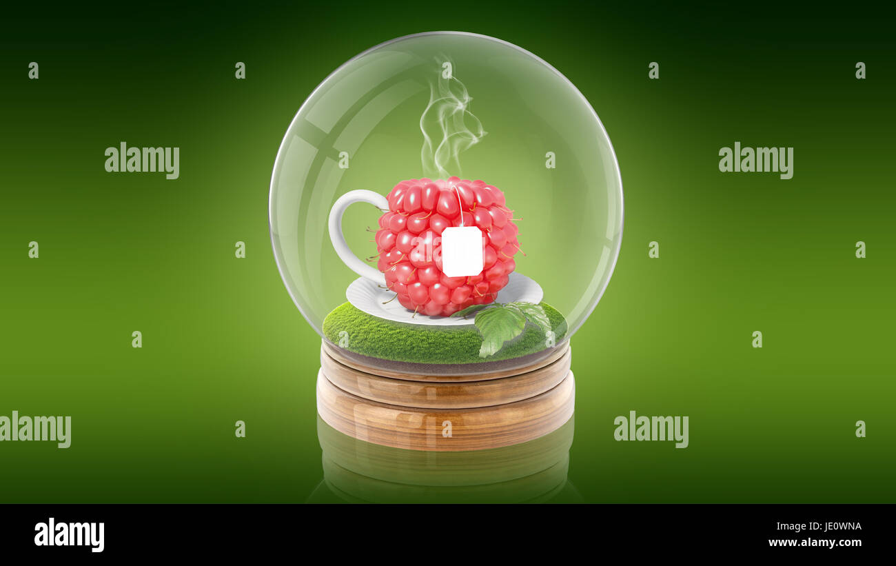 Transparent sphere ball with raspberry cup of tea inside. 3D rendering ...