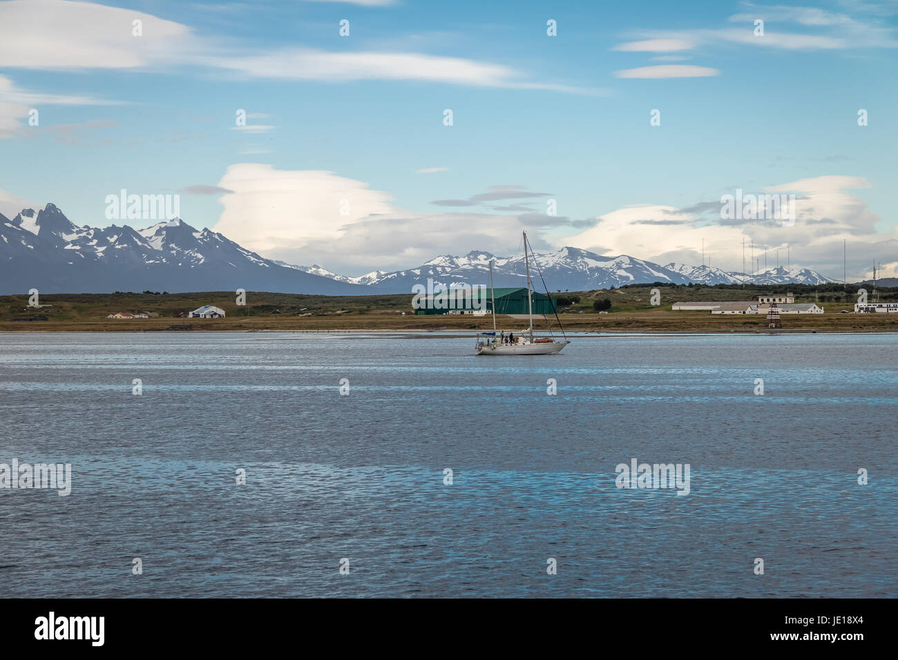 Boat and mountains in Beagle Channel - Ushuaia, Tierra del Fuego, Argentina Stock Photo