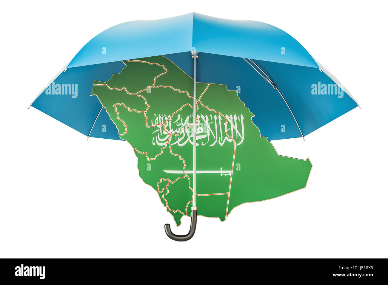 Saudi Arabia map under umbrella. Security and protect or insurance concept, 3D rendering isolated on white background Stock Photo