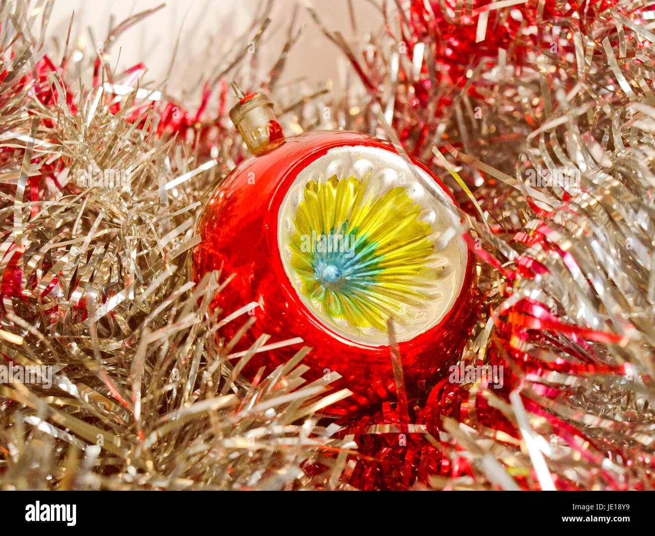 Vintage looking Tinsel and baubles for Christmas tree decoration Stock