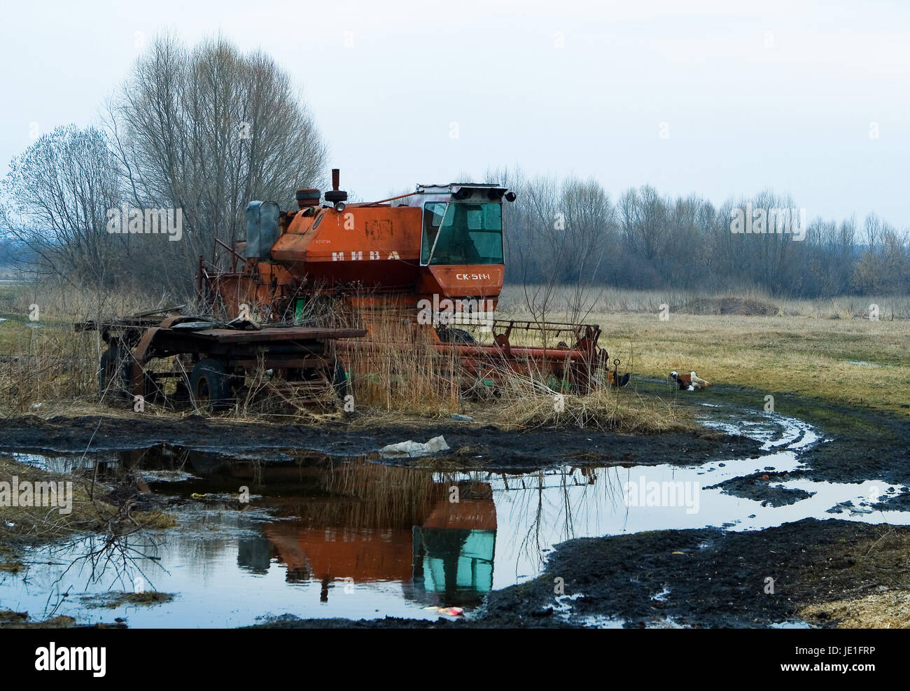 Chuvashia, Russia, April 16, 2012: Early spring in the countryside. The abandoned harvester is located near an impassable dirty rural road. Chickens w Stock Photo