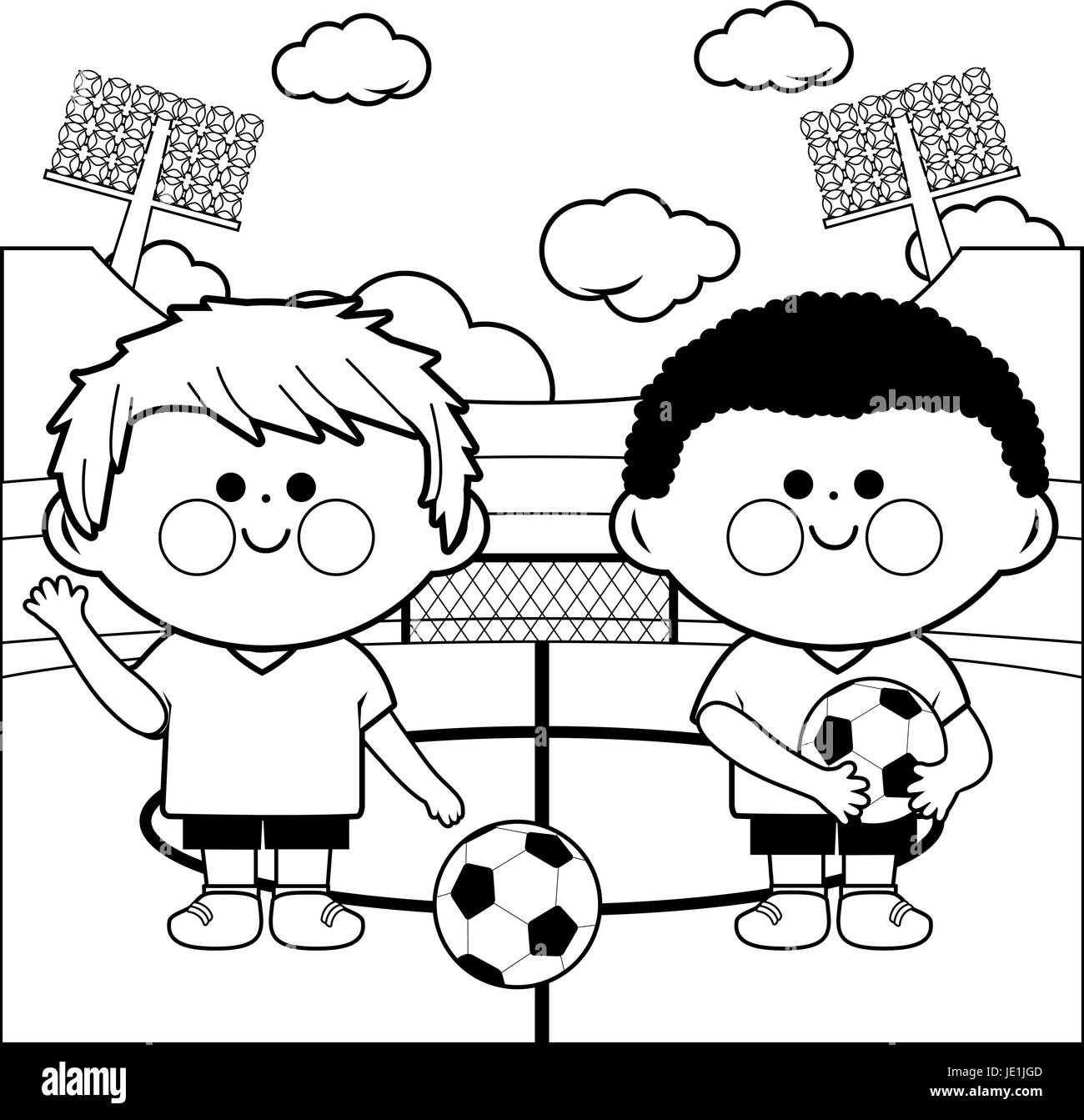 Children soccer players in a stadium play football. Soccer team kids in a game. Vector black and white coloring page. Stock Vector