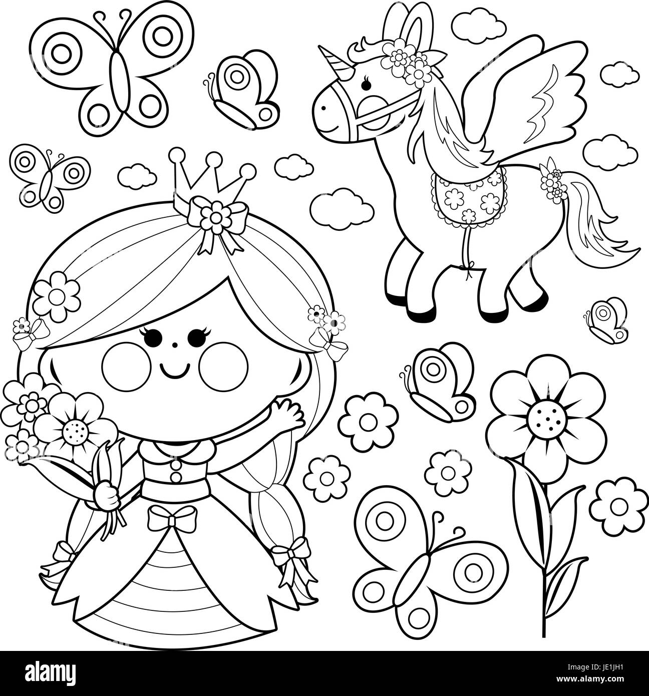 Princess fairy tale set. Coloring page Stock Vector