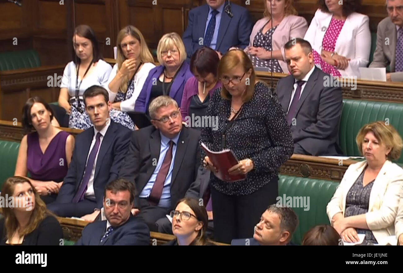 Labour's MP for Kensington, Emma Coad, asks a question after a statement by Prime Minister Theresa May in the House of Commons, London, on the Grenfell Tower fire. Stock Photo