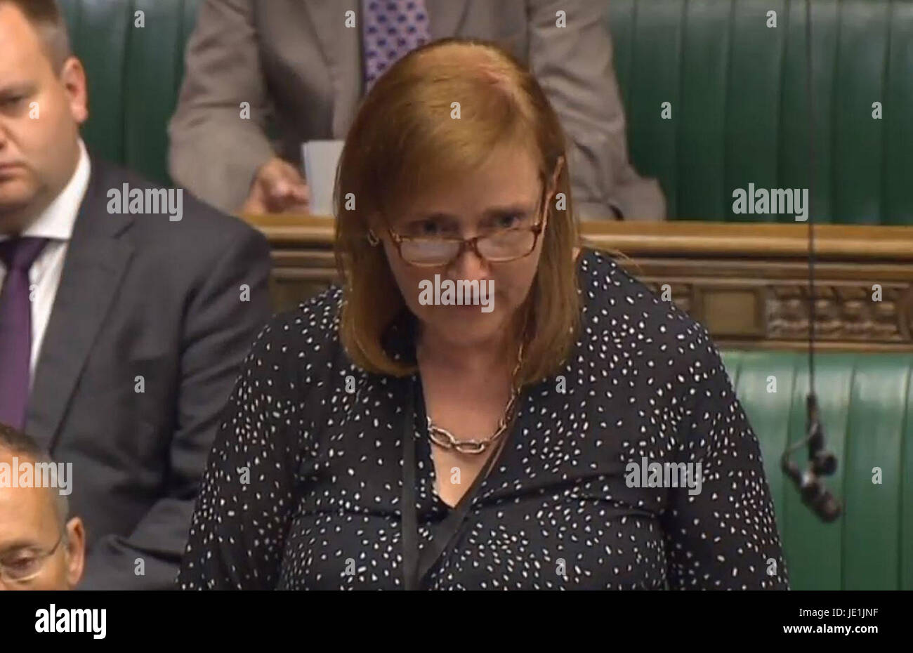 Labour's MP for Kensington, Emma Coad, asks a question after a statement by Prime Minister Theresa May in the House of Commons, London, on the Grenfell Tower fire. Stock Photo