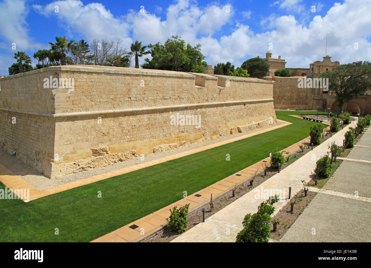 Defensive walls and moat ditch of medieval city of Mdina, Malta Stock